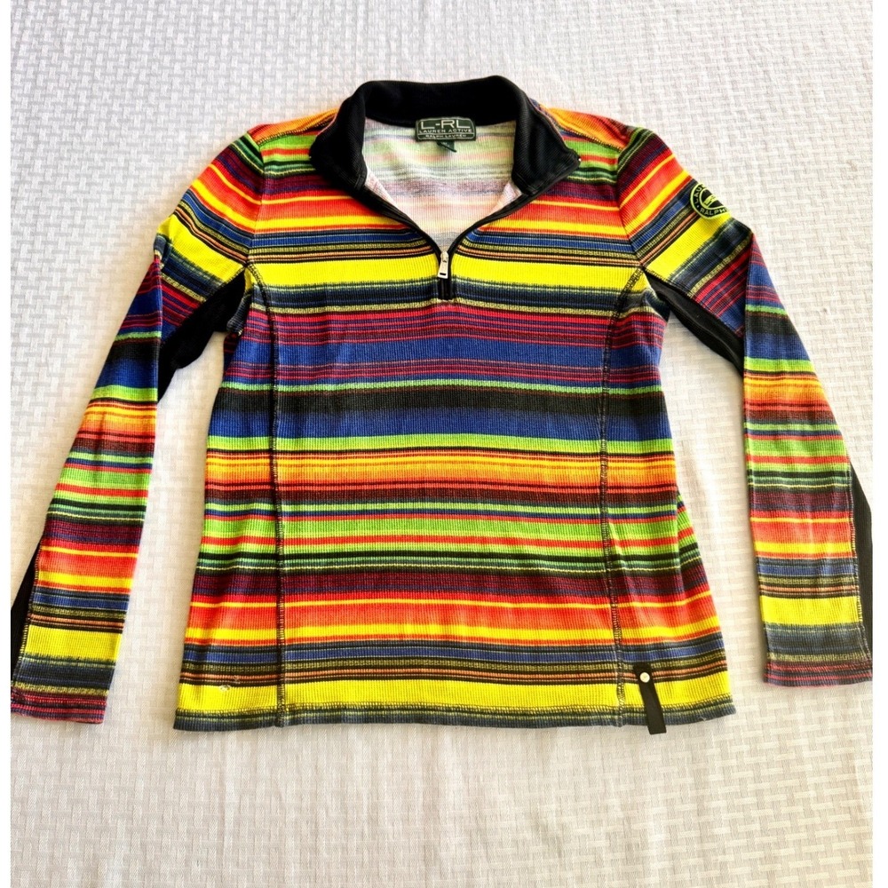 Lauren Ralph Lauren Active Rainbow Stripe Waffle Knit Quarter Zip Pullover M‎